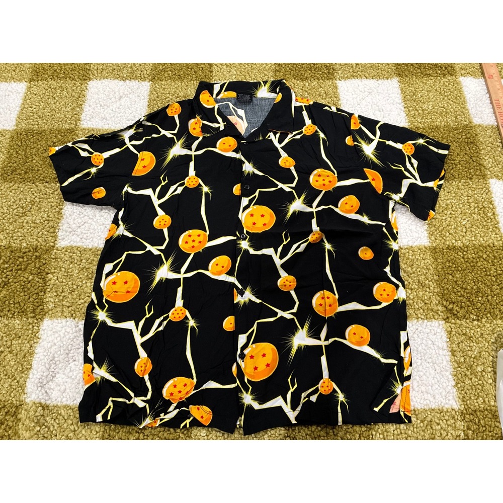 Dragon Ball Z Mens XL Black Rayon Button Down Shirt All Over Print Dragon Balls